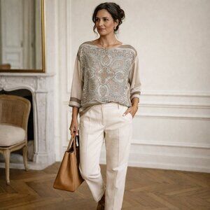 Luisa Cerano Silk Blend Paisley Print Blouse Neutral Boho Top